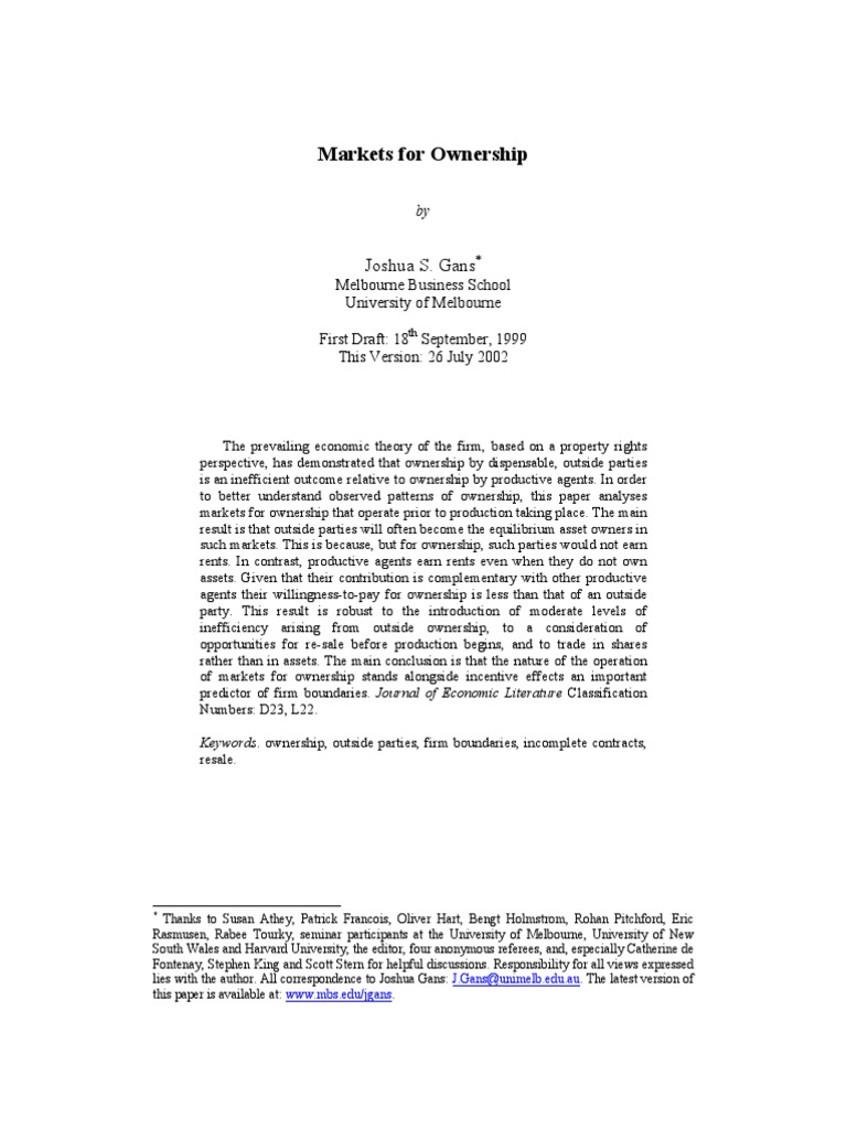 Markets For Ownership Previous Paper | PDF | Business | Law