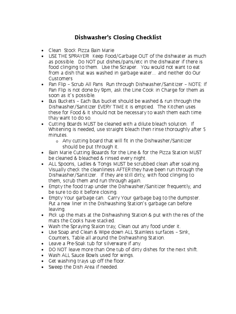 DManchester CasparsLtd Dishwasher Closing Checklist PDF