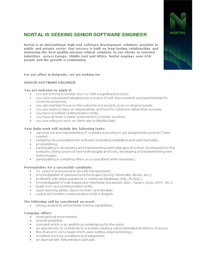 Senior Software Engineer Position in Belgrade | PDF | Engineer | Software