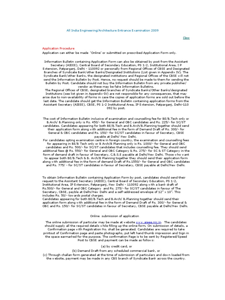 AIEEE 2009 Application Guidelines | PDF | Business