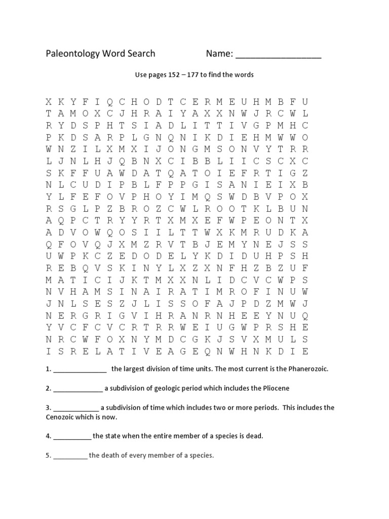Paleontology Word Search PDF Geology Rock (Geology)