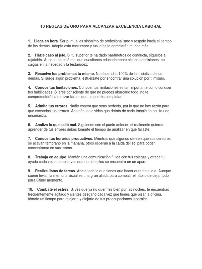 10 Reglas de Oro para Alcanzar Excelencia Laboral | PDF