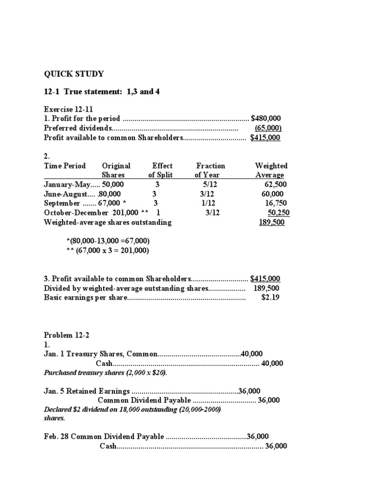 QUICK STUDY 12-1 True Statement: 1,3 and 4 | PDF | Retained Earnings ...