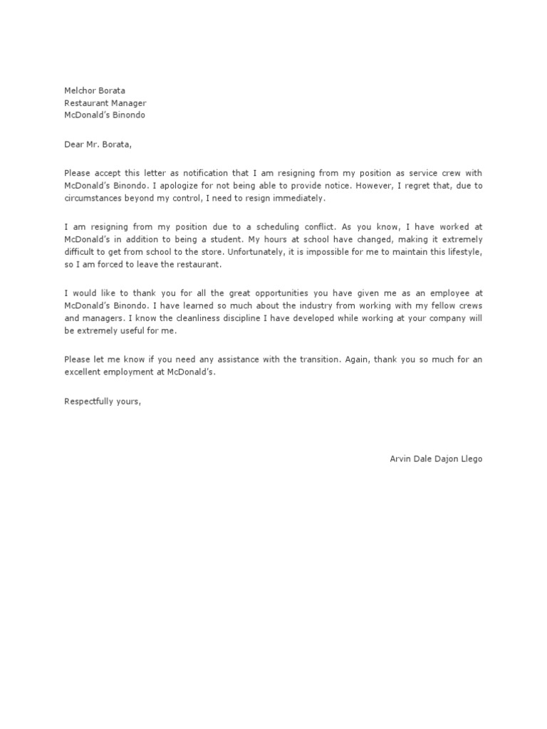 management letter resignation of Resignation Sample Letter