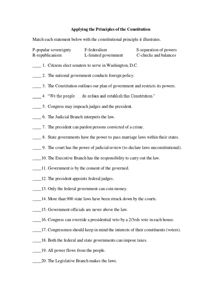 Applying The Principles of The Constitution - Answer Key  PDF Throughout The Constitution Worksheet Answers