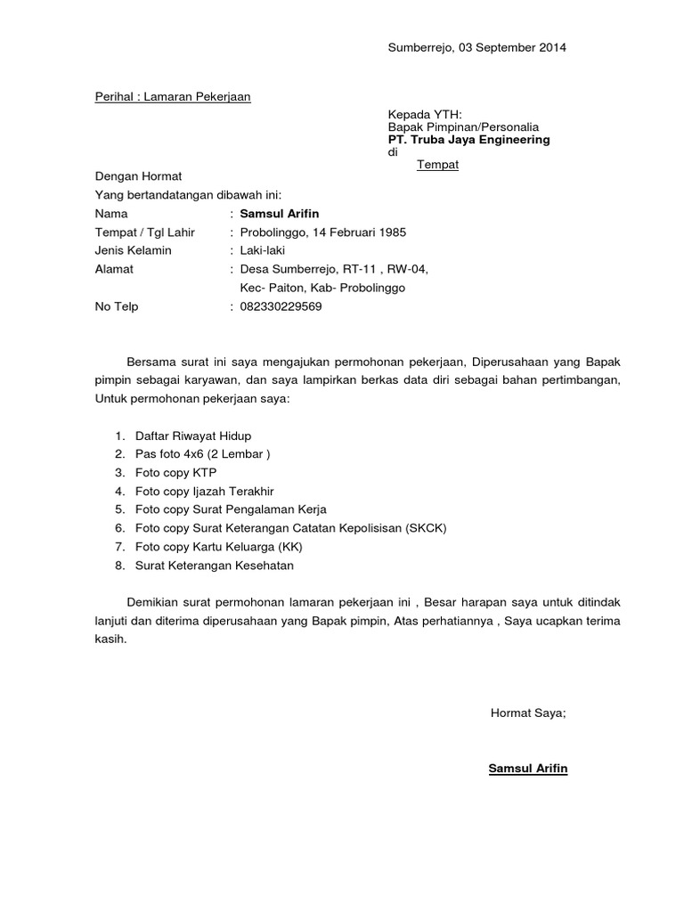 Contoh Surat Lamaran Kerja