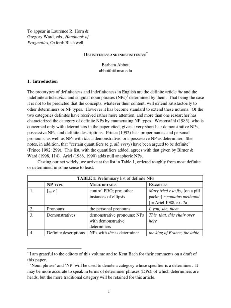 Definiteness and Indefiniteness PDF Grammar Language Mechanics
