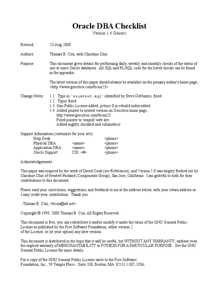 DBA Checklist Oracle | PDF