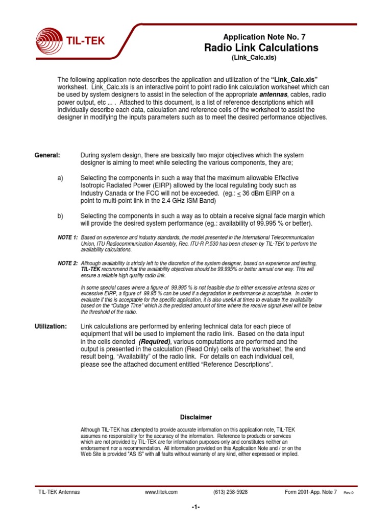 TIL-TEK Radio Link Calculations Guide | PDF | Decibel | Transmission Line