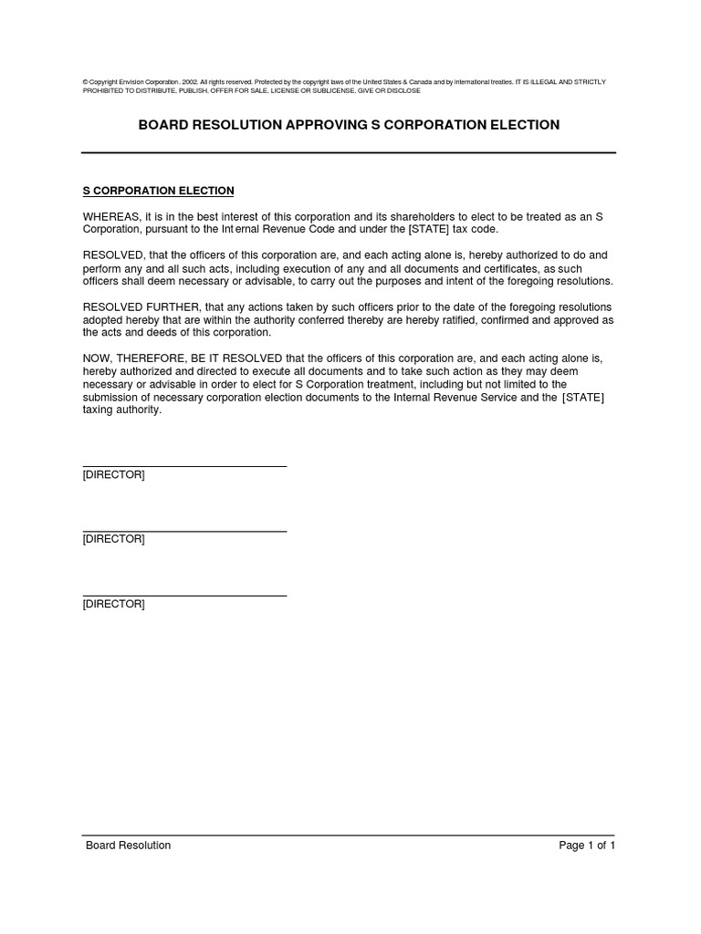 Board Resolution Approving S Corporation Election | PDF