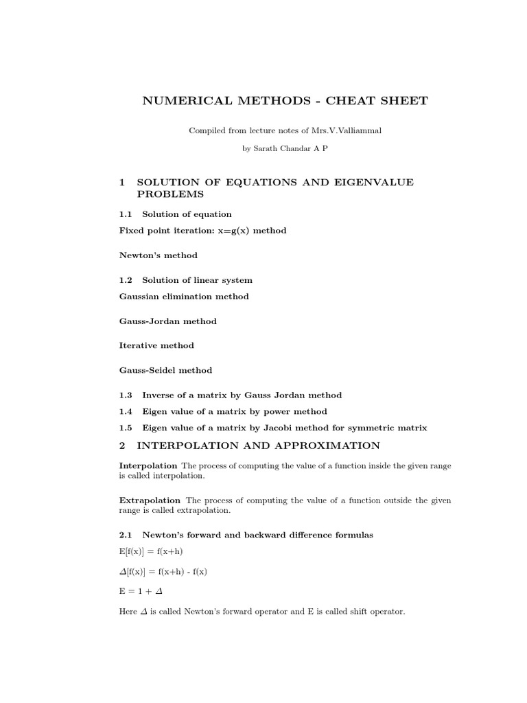 Methods of Numbers Formula Sheet | PDF | Numerical Analysis | Spline ...