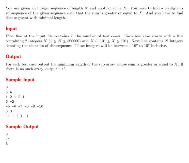 Minimum Length Subarray Sum ≥ X | PDF