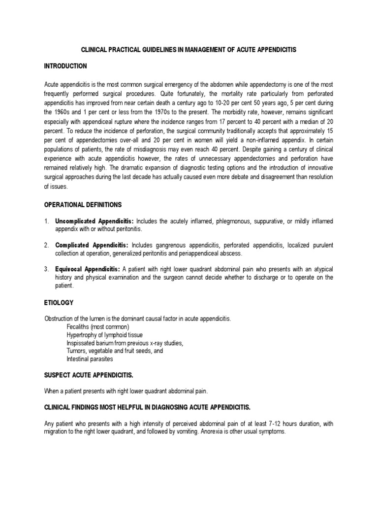 Clinical Practice Guidelines - Acute Appendicitis | Rtt | Medical ...