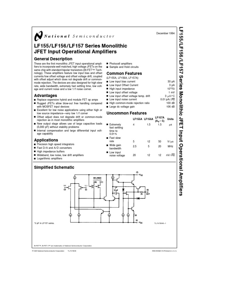 LF155/156/157 Op Amp Datasheet | PDF | Amplifier | Operational Amplifier