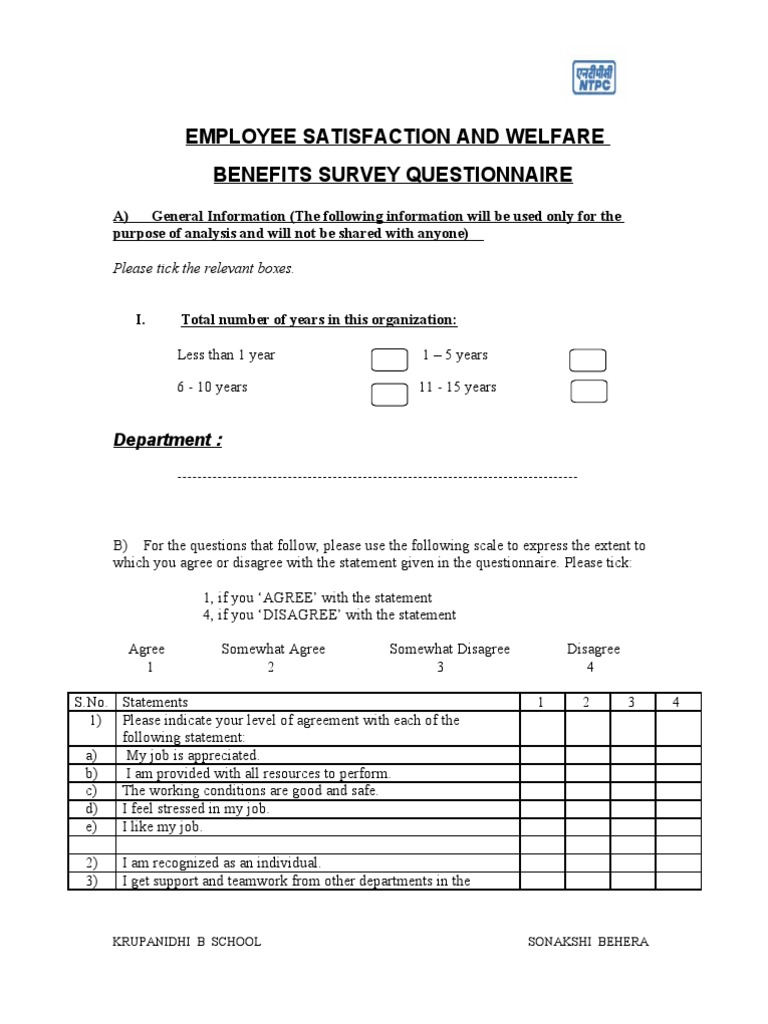 Employee Satisfaction Survey Questionnaire | PDF | Job Satisfaction ...