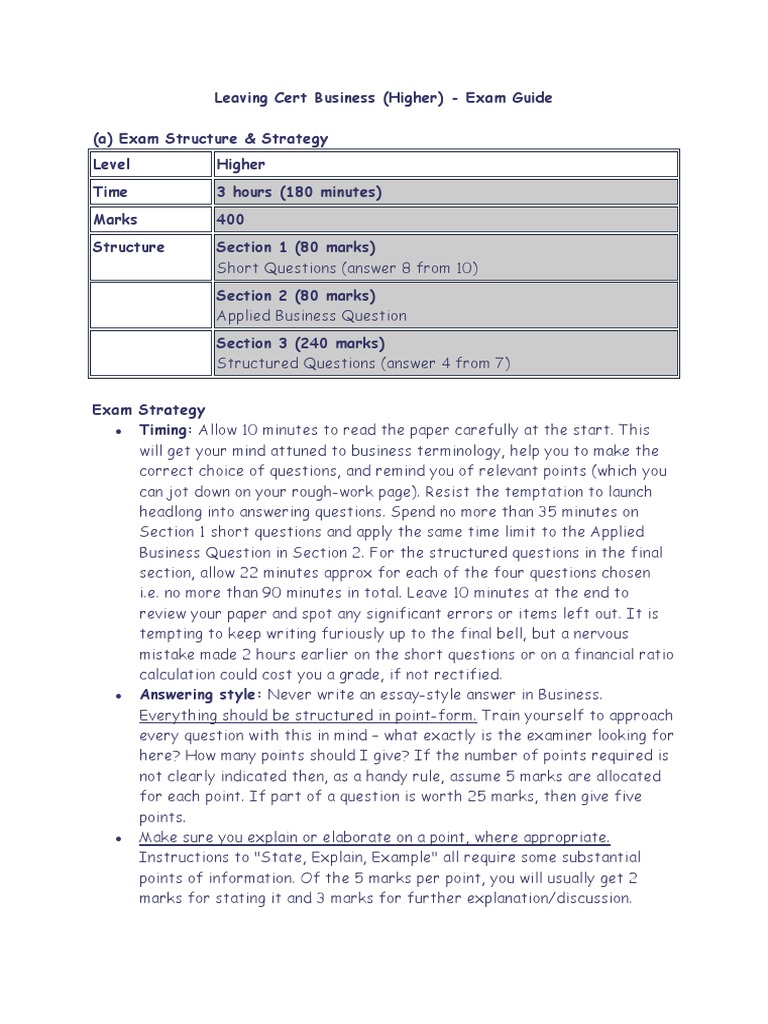 Leaving Cert Business Exam Guide PDF Test (Assessment) Question