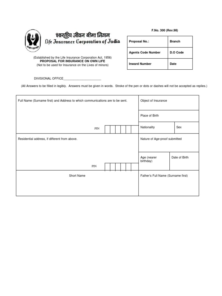 LIC Form 300 Proposal for Insurance | PDF | Insurance | Life Insurance