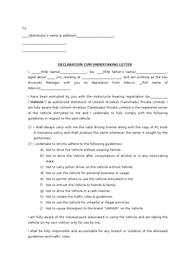 Vehicle Declaration and Undertaking Letter | PDF | Vehicles | Government