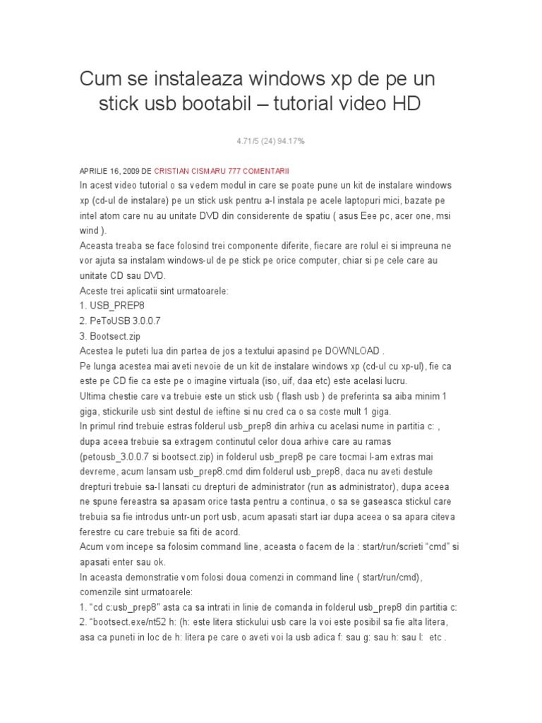 Cum Se Instaleaza Windows XP de Pe Un Stick Usb Bootabil | PDF