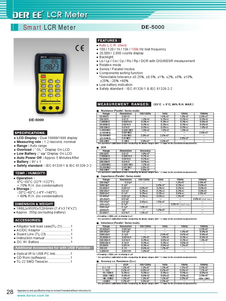 DER EE DE5000 LCR Meter Specifications PDF Accuracy And Precision