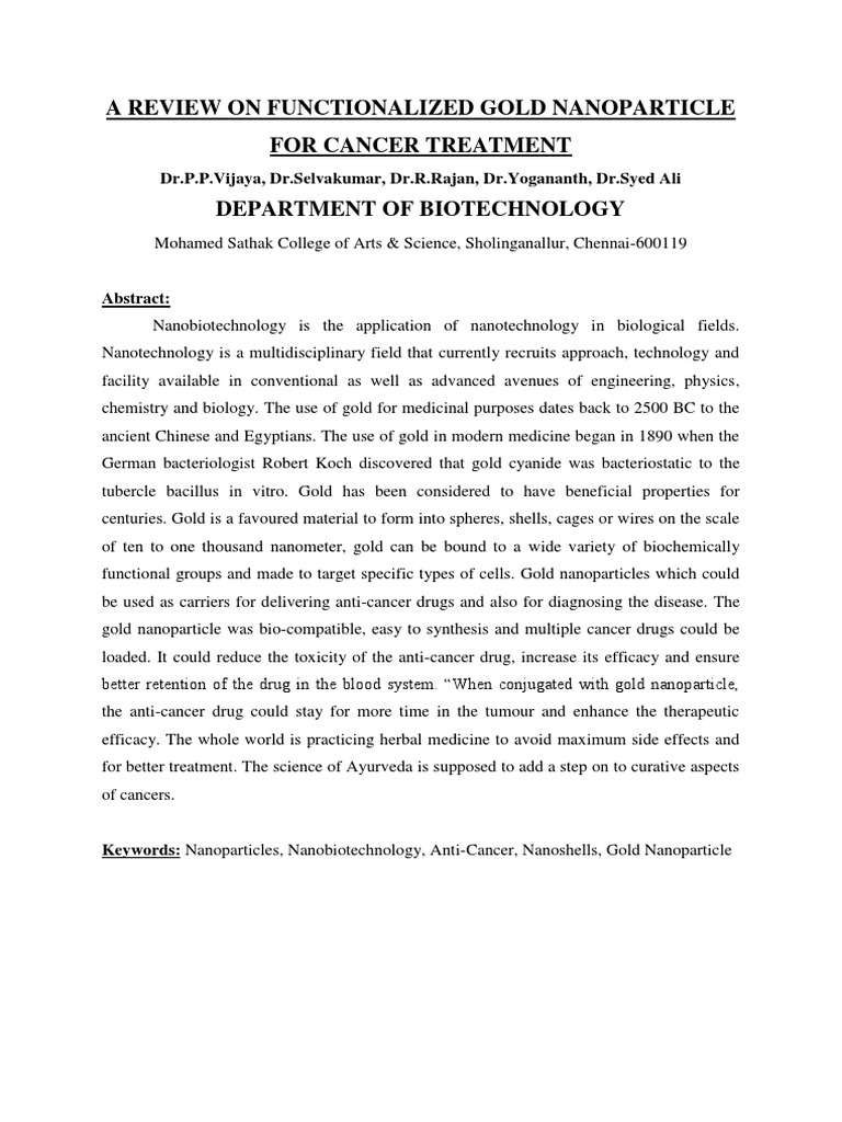 A Review On Functionalized Gold Nanoparticle For Cancer Treatment | PDF
