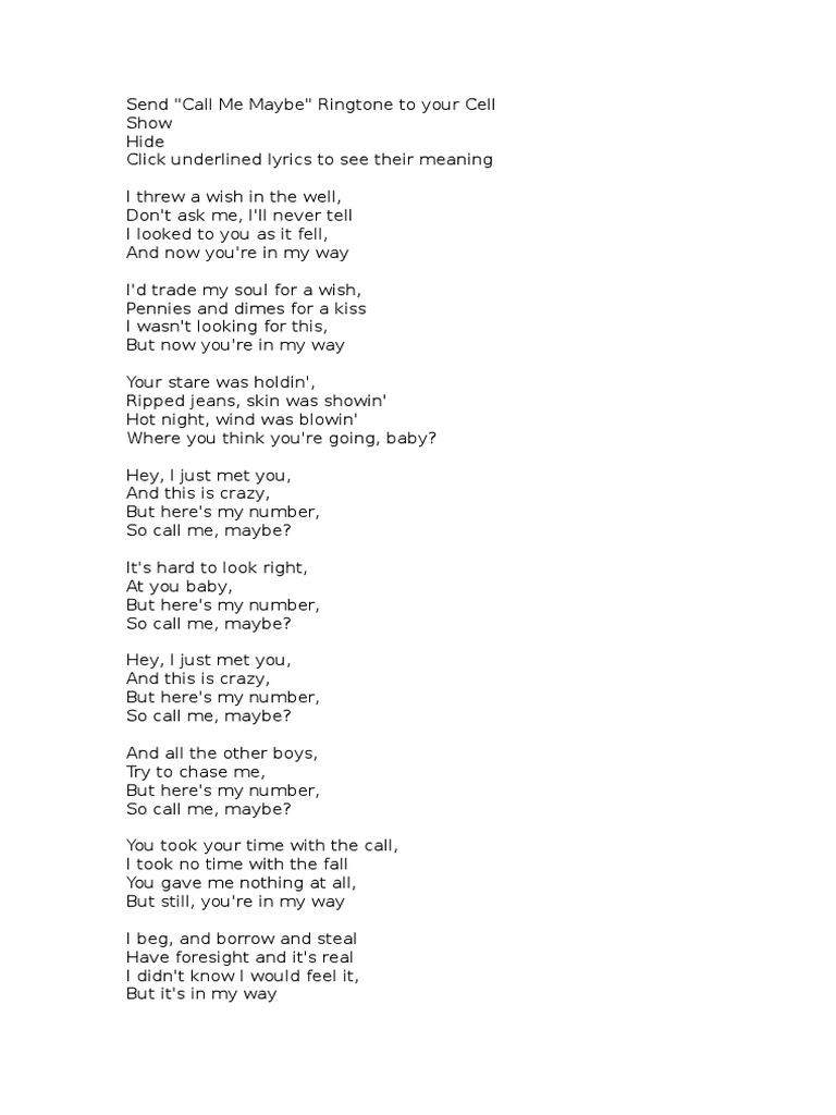 Call Me Maybe Lyrics Pdf