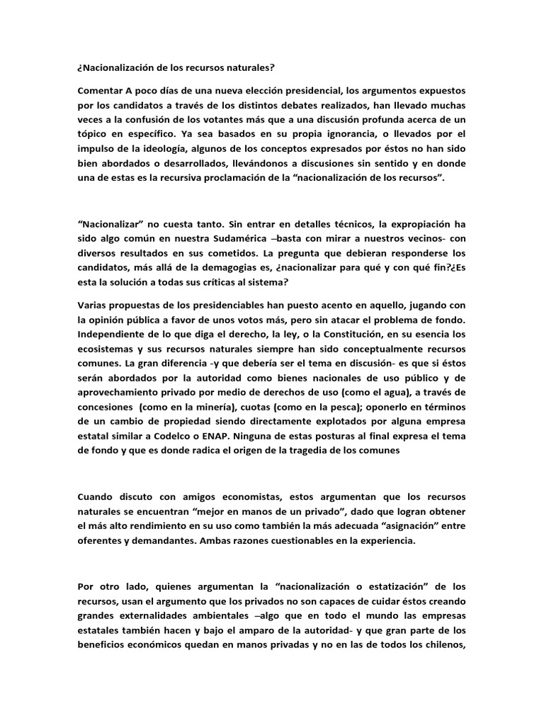 Nacionalización de Los Recursos Naturales PDF Exterioridad Privatización
