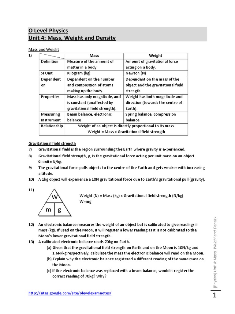 O Level Physics Unit 4: Mass, Weight and Density | PDF | Teaching ...