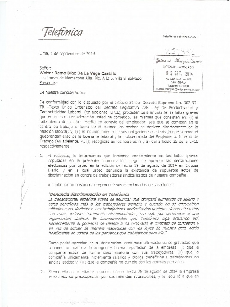 Carta de Aviso Despido  Acuerdo colectivo  Sindicato