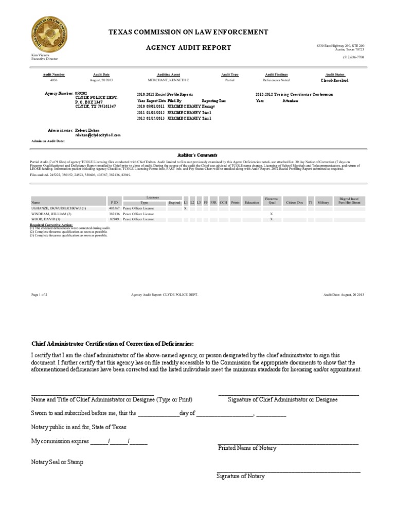 Texas Commission On Law Enforcement Agency Audit Report | PDF | Notary ...