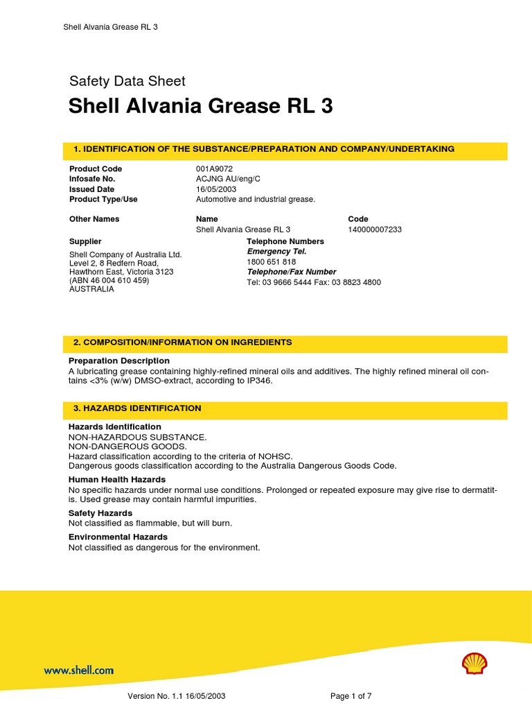 Shell Alvania Grease RL 3 Safety Data Sheet | PDF | Dangerous Goods ...