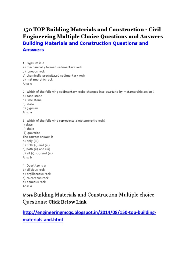 Building Materials and Construction Multiple Choice Questions Rock