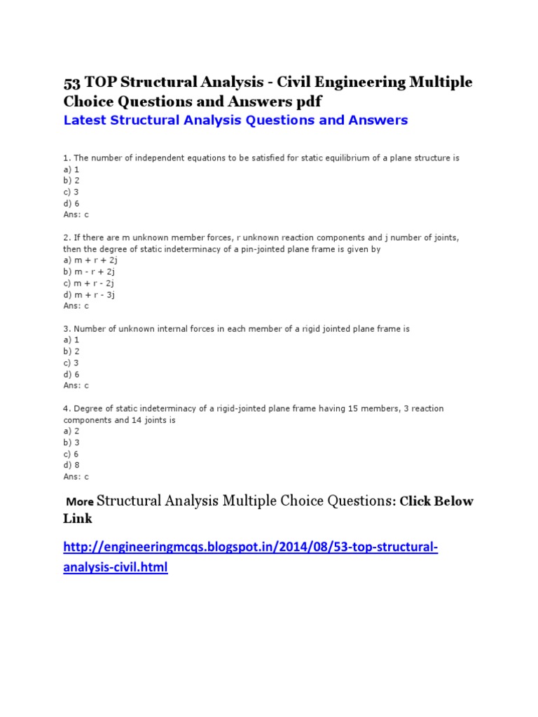 Top Structural Analysis MCQs with Answers | PDF | Structural Analysis ...