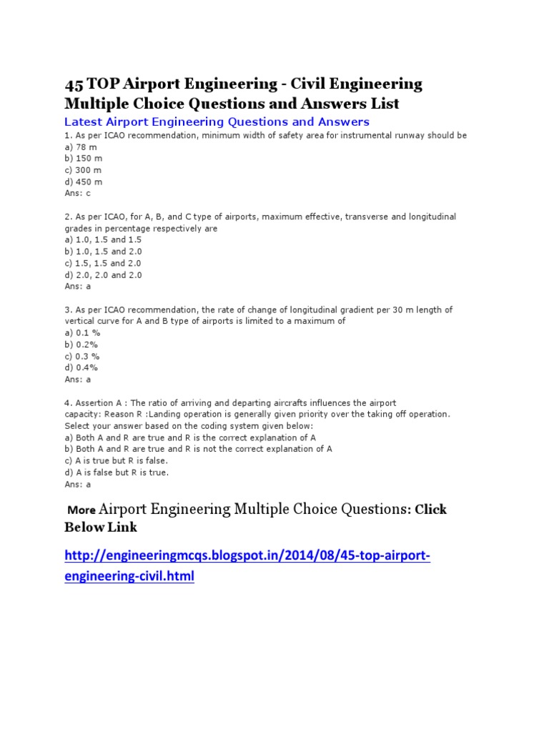 Airport Engineering MCQs and Answers | PDF | Airport | Aircraft