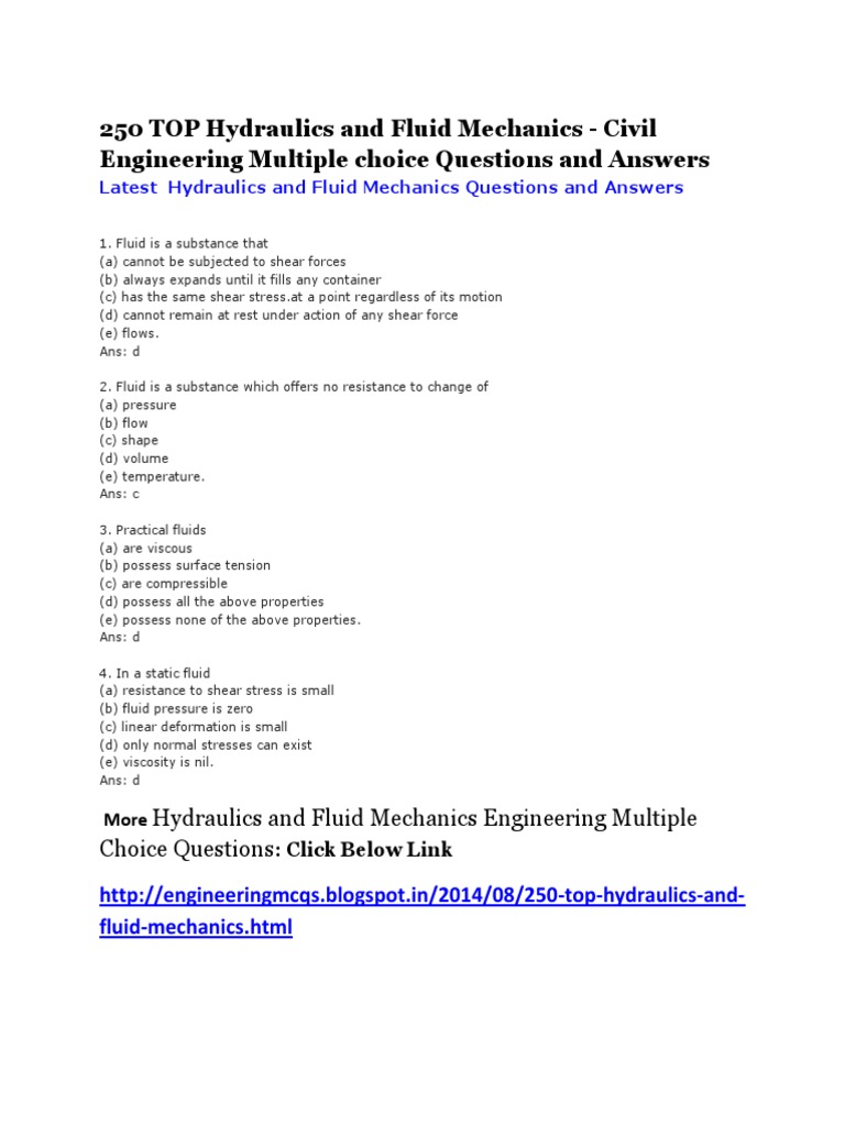 Hydraulics and Fluid Mechanics Engineering Multiple Choice Questions