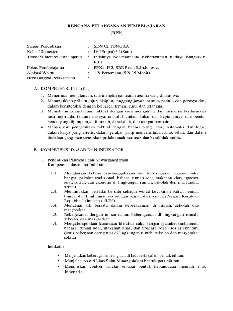 Rpp Sd Kelas 4 Tema 1 Sub Tema 1 Pb 1 Pdf