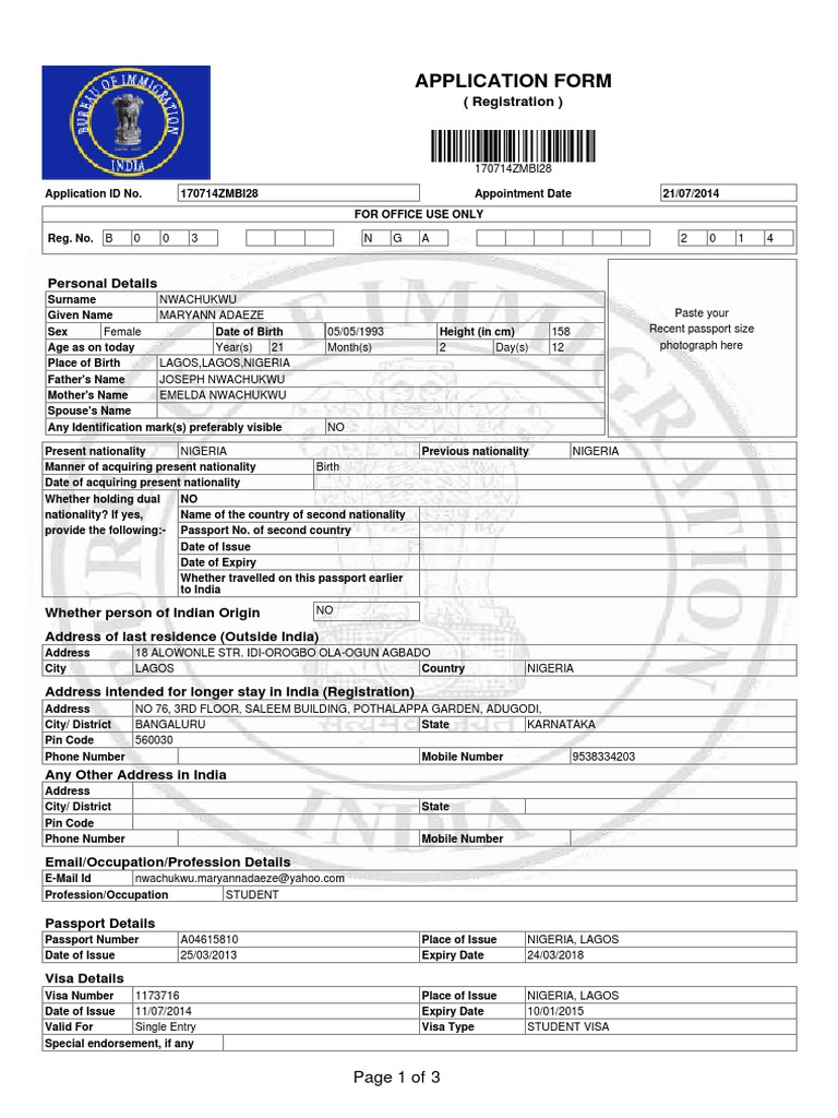 Application Form: Page 1 of 3 | PDF | Travel Visa | Identity Document