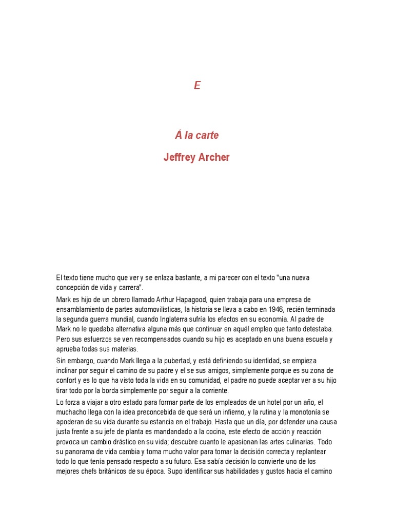 A LA CARTE Jeffrey Archer PDF Hotel Patata