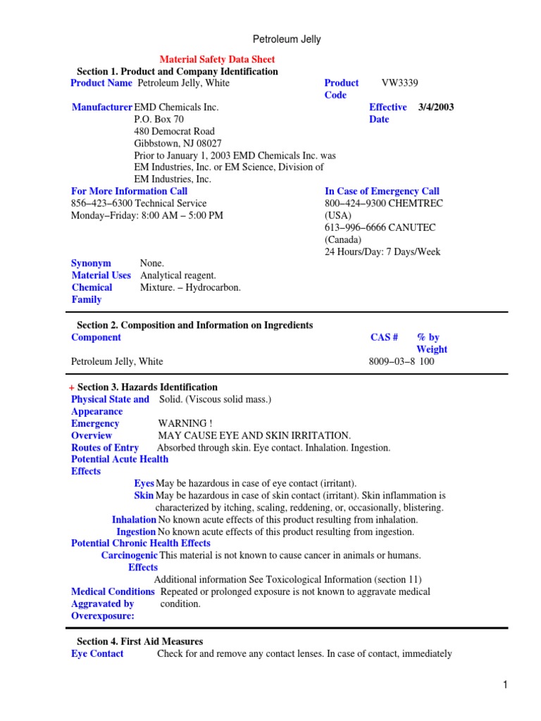 Petroleum Jelly Flammability Personal Protective Equipment