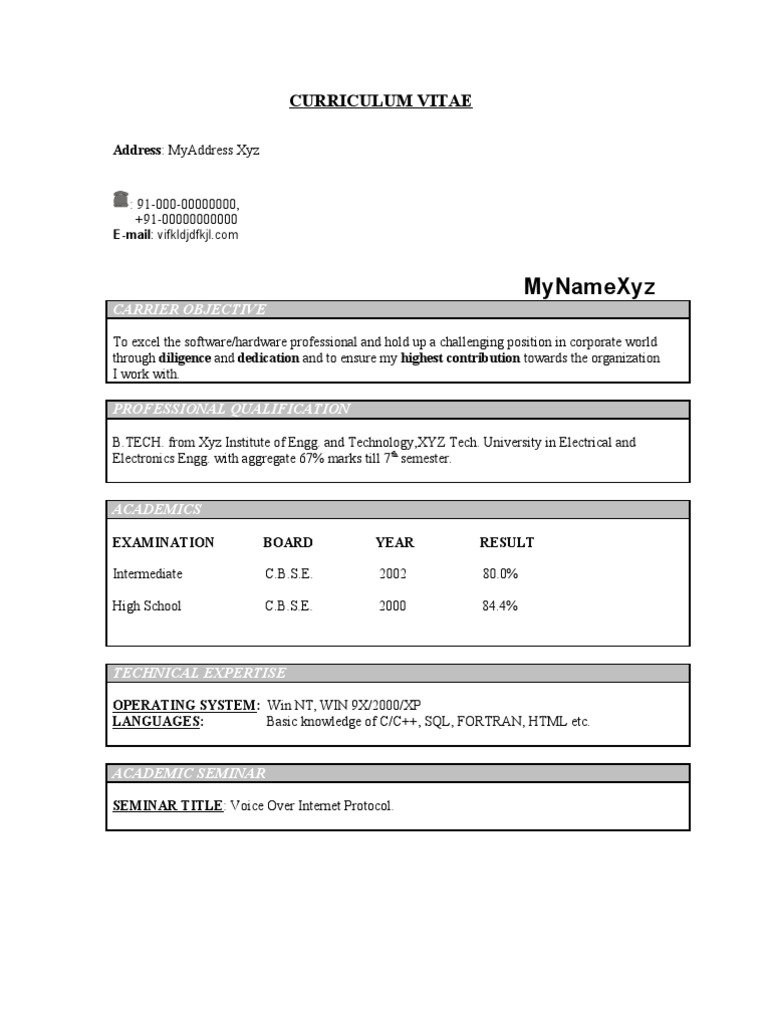 resume Resume B Tech ece resume model 213 fresher 213