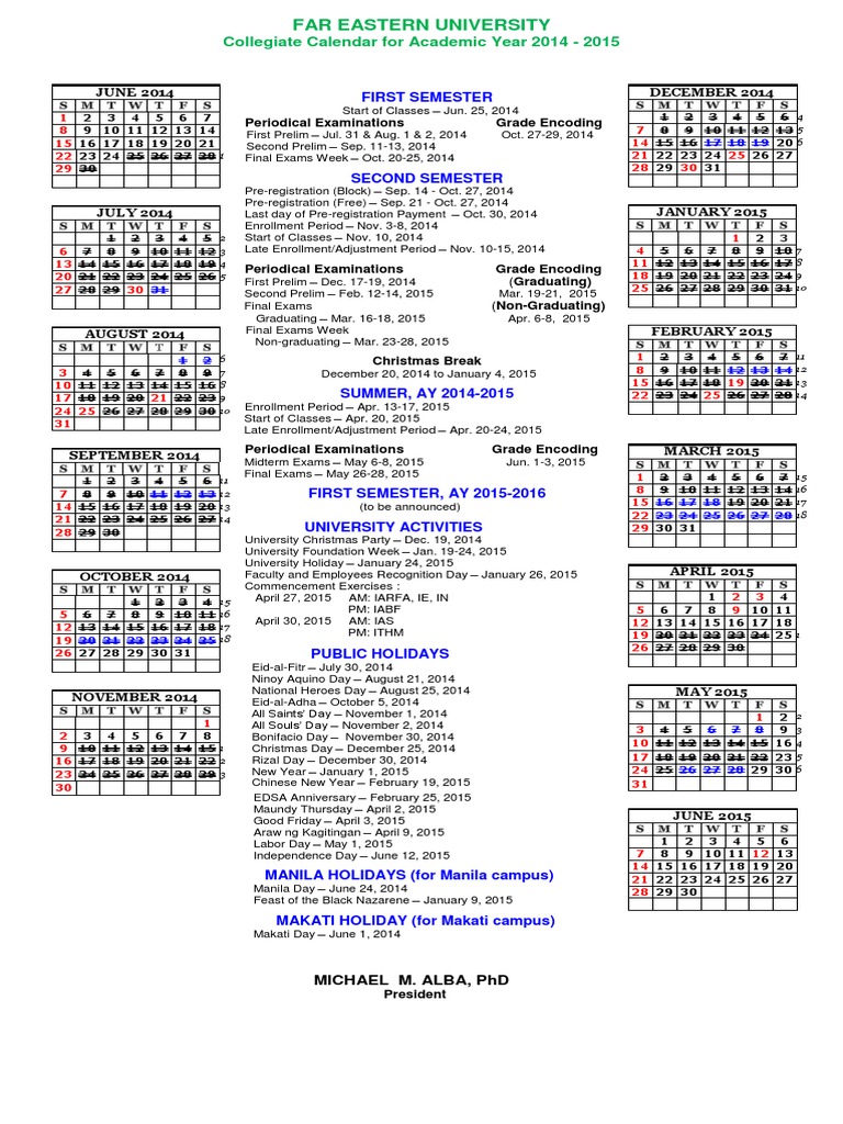 FEU Collegiate Calendar AY 20142015 Academic Term Makati