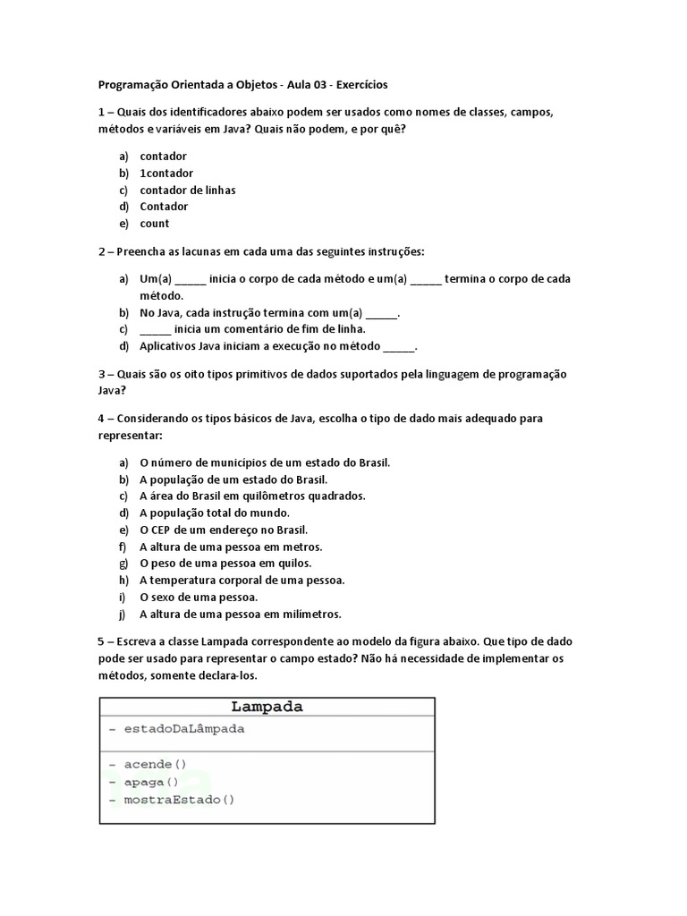 Exercícios de Programação em Java | PDF | Classe (programação de ...