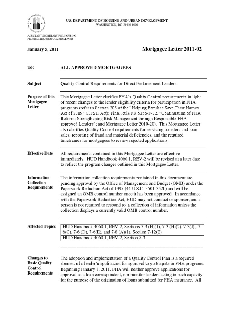 HUD FHA Mortgagee Letter ML 201102 Fha Insured Loan United States