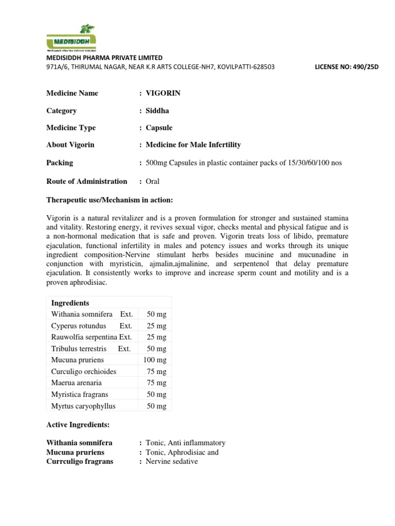 Vigorin Capsule | PDF | Dose (Biochemistry) | Chemistry