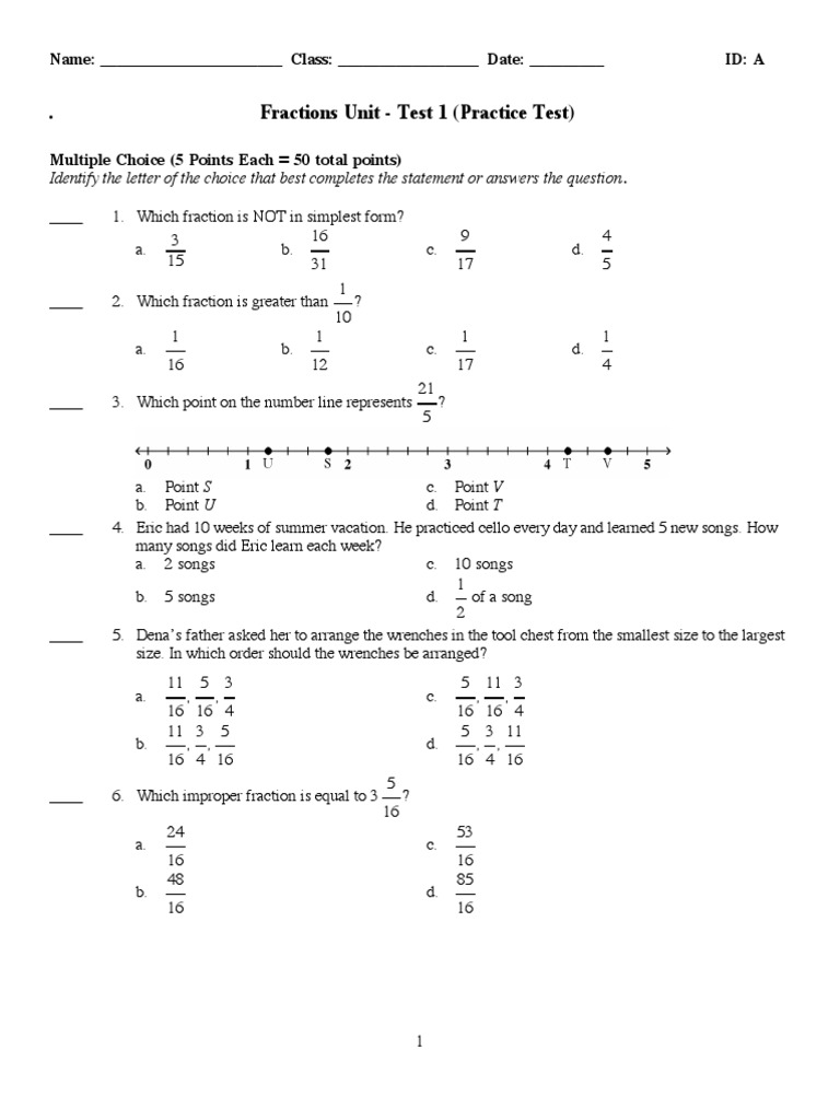 Fractions Practice Test and Answers | PDF | Fraction (Mathematics ...