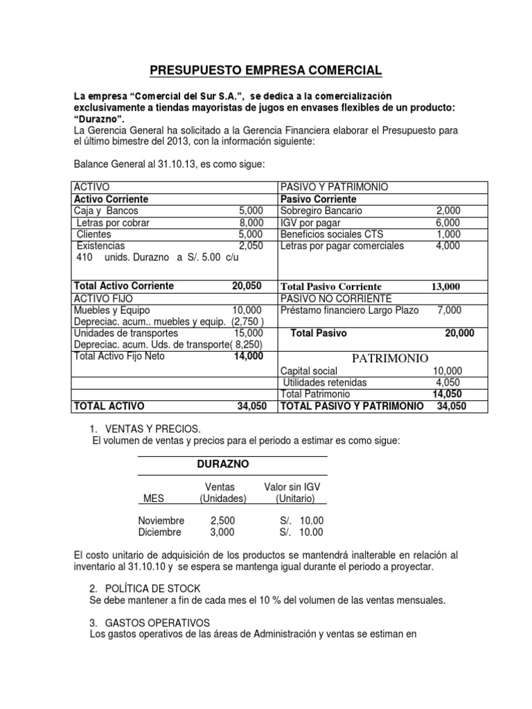 Presupuesto Empresa Comercial | PDF | Presupuesto | Hoja de balance