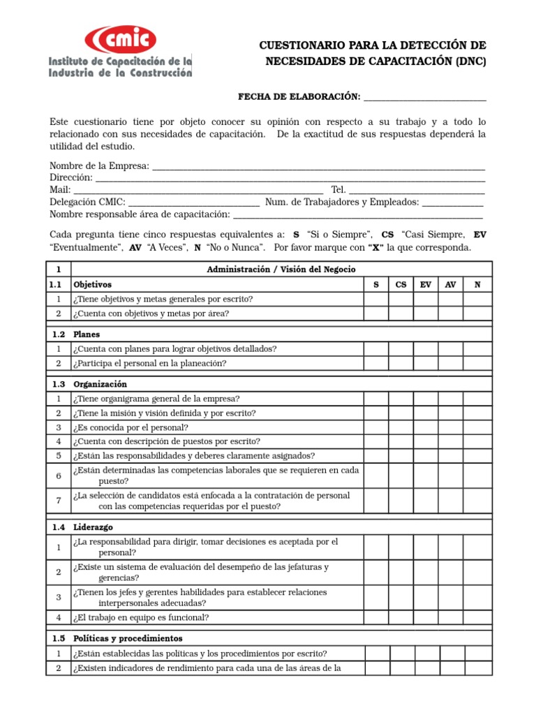 Cuestionario DNC para Capacitación | PDF | Calidad (comercial) | Toma ...