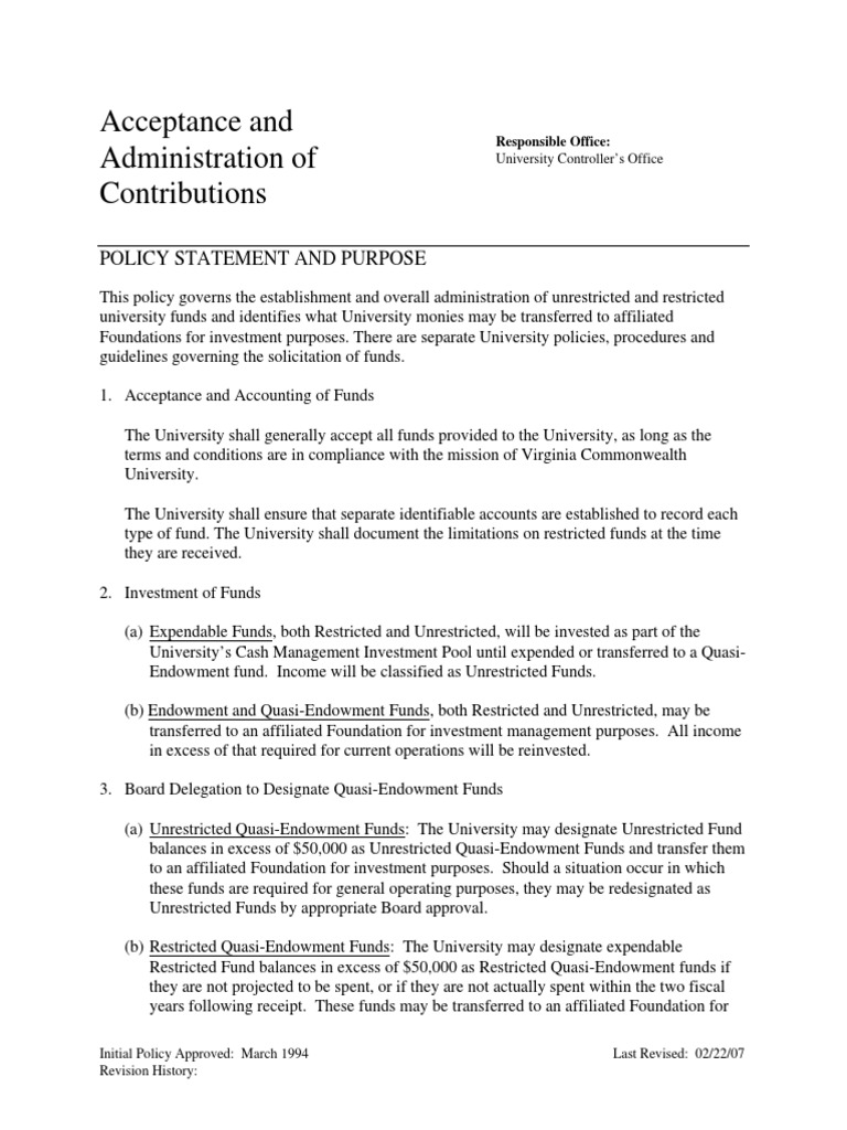 Contributions Policy | PDF | Financial Endowment | Investing