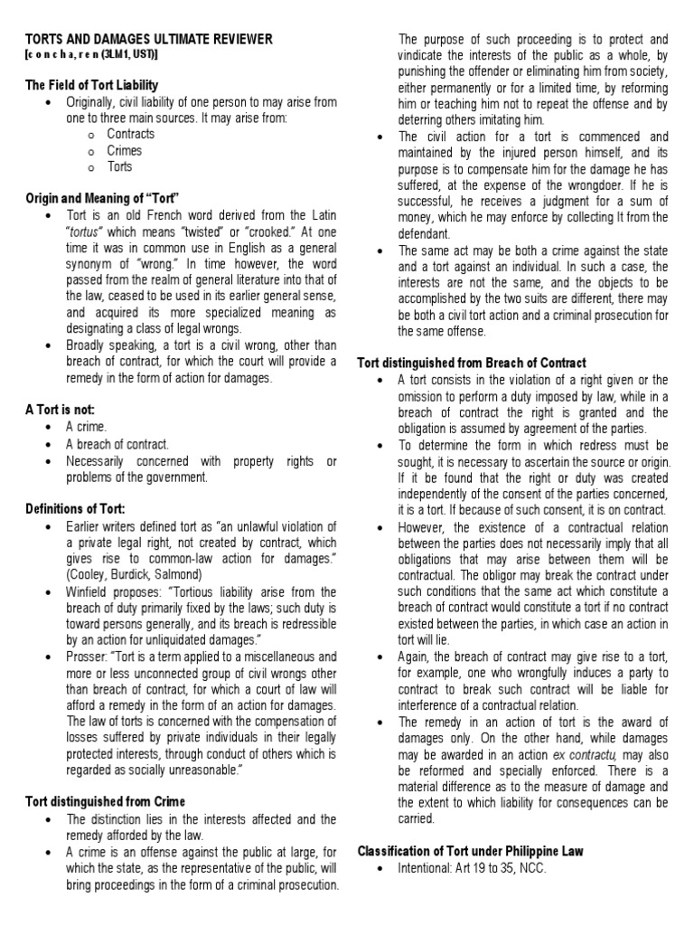 Torts and Damages Comprehensive Guide | PDF | Tort | Crime & Violence
