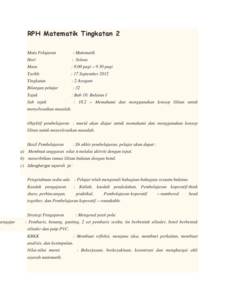 Contoh Rph Matematik Tingkatan 2 Pdf